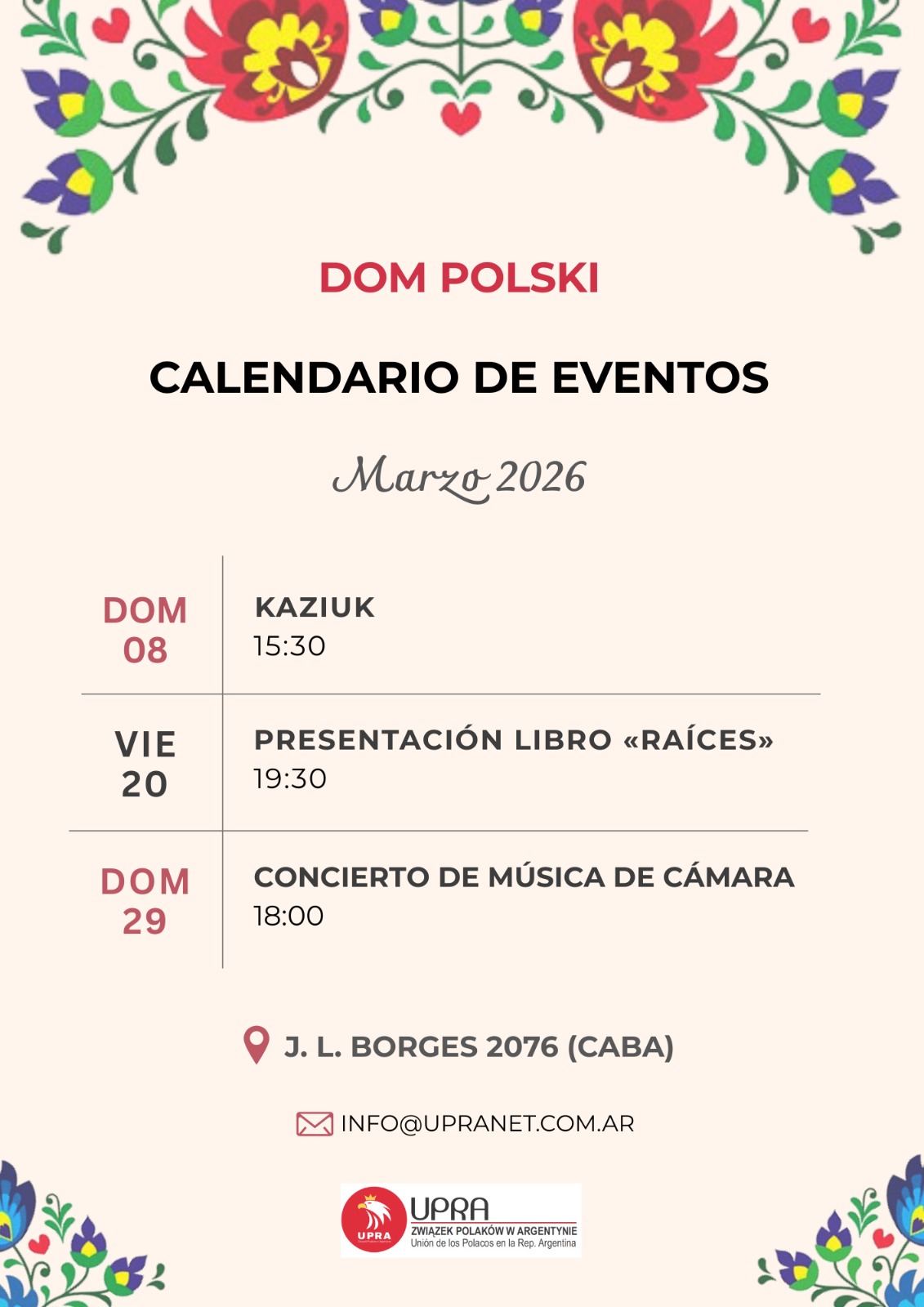 Calendario de Eventos de marzo en el Dom Polski de Buenos Aires